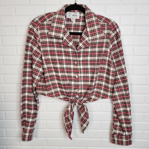 Tops - Vintage 80s plaid flannel crop tie shirt Designs by She oversized XS Country